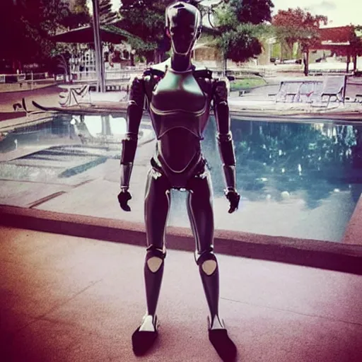 Image similar to “a realistic detailed photo of a guy who is an attractive humanoid who is half robot and half humanoid, who is a male android, actor Grant Gustin, shiny skin, posing like a statue, blank stare, by the pool, on display”