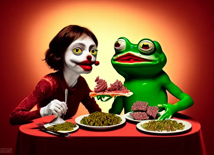 Prompt: hyper realistic detailed image of female pepe the frog and male vampire clown couple in intalian trattoria eating raw meat ground beef and various red drinks, by ayami kojima, amano, beeple, greg hildebrandt, and mark brooks, mystical, rich deep colors, cinematic light, long cinematic shot, extremely detailed, very coherent symmetrical artwork, 8 k