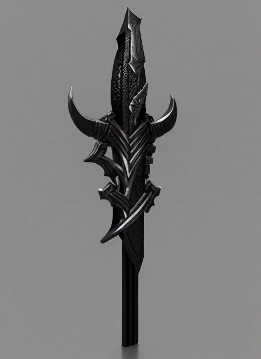 Image similar to a black great sword mini skull crest, orthographic, ornament, weapon, a 3 d render by dom qwek, front side, concept art, trending on polycount, artstation, hard surface modeling, rendered in maya, zbrush, blender, hd, vray, berserk, symmetry