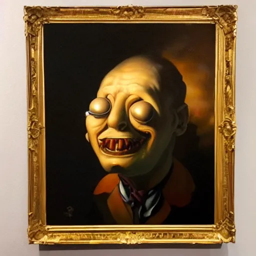 Image similar to oil painting with black background by christian rex van dali todd schorr of a chiaroscuro portrait of an extremely bizarre disturbing mutated man with acne intense chiaroscuro obscuring features lighting perfect composition masterpiece