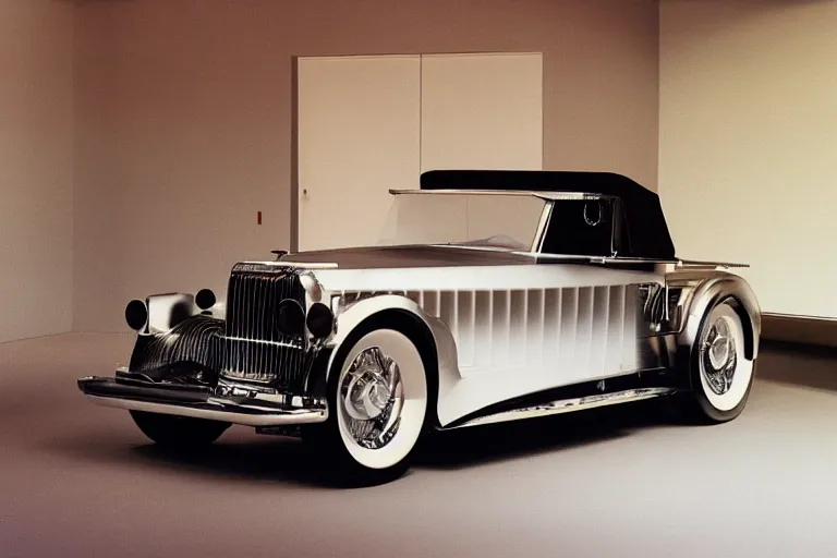 Image similar to single 2030 duesenberg model sj concept, inside of a minimalist Tokyo garage, ektachrome photograph, volumetric lighting, f8 aperture, cinematic Eastman 5384 film