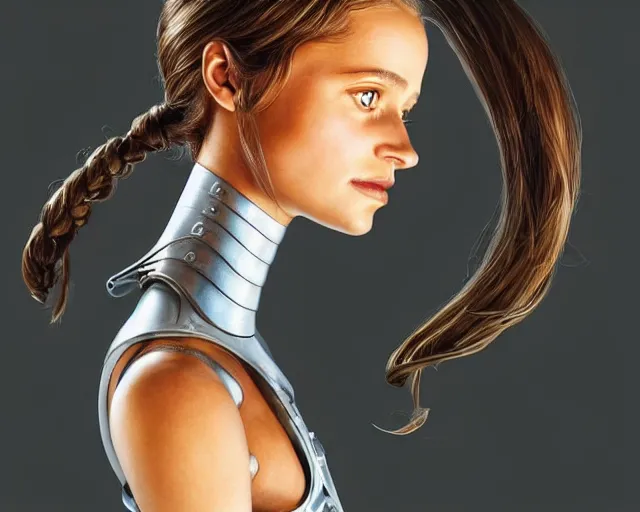 Image similar to weta disney pixar movie still head and torso portrait photo of young alicia vikander lying on her back on a mechanical table with a white ponytail as thoughtful intricate detailed mechanical plastic cyborg girl by pixar, by weta, wlop, ilya kuvshinov, rossdraws, artgerm, latex, iridescent, bright morning, anime, liosh, mucha