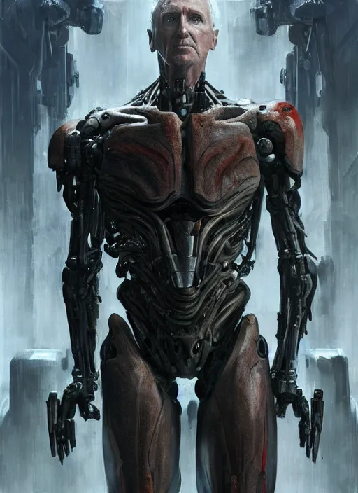 Image similar to james cameron as victor stone, full body concept, cyborg, borg, strogg, face of a man, terminator, flesh, quake strogg, doom demon, wolfenstein, monstrous, powerful, symmetry, symmetrical, concept art by ruan jia and greg rutkowski