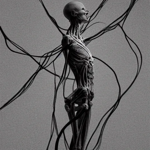 Image similar to A beautiful surreal illustration of the human body,very thin tendrils,blisters networked with blood vessels,grasping arms,bones,highly detailed, liquid oilpaint, Doug Chiang, Gustave Dore, Leonardo da Vinci, trending on Artstation, industry, lucid and intricate, rectilinear, digital art, Octane, redshift, vray,8k, 64 megapixels, ZBrush Central, behance HD, hypermaximalist,well rendered:1:1:1:1