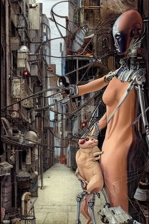 Image similar to a robotic sphynx cat!!, in a cyberpunk alleyway by sandro botticelli