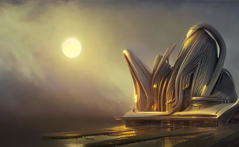 Image similar to exterior shot of utopian architecture building with cinematic lighting by zaha hadid and renzo piano, darek zabrocki and greg ruthkowski, alphonse mucha, simon stalenhag, cinematic, holy place, paradise, scifi, futurism, atmospheric, sunset, concept art, artstation, trending on artstation