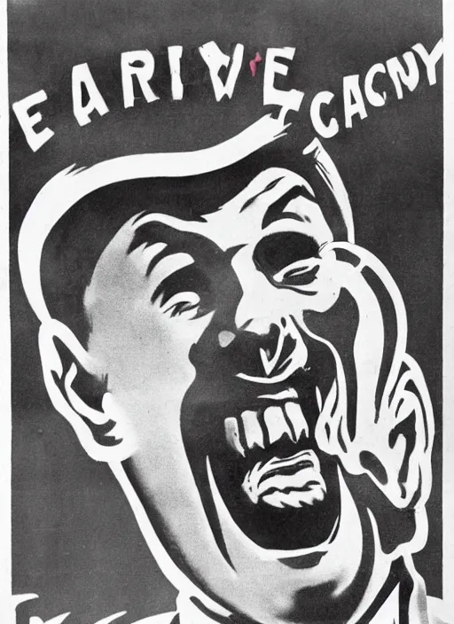 Image similar to creepy Edward Richtofen with a scary comically large smile, 1940s scare tactic propaganda art