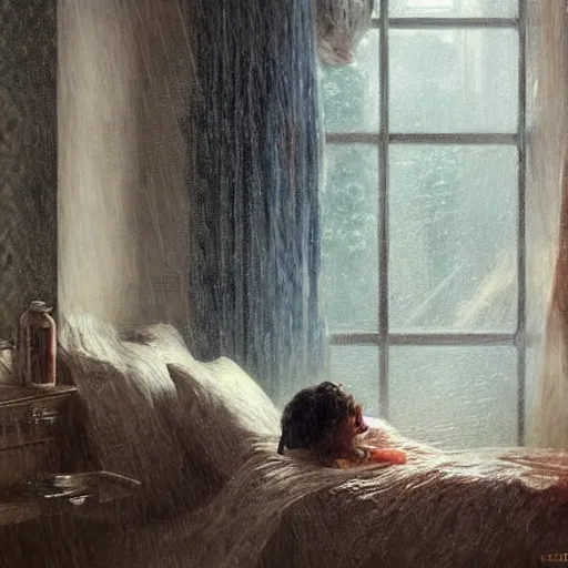 Image similar to on a rainy day, someone in home sits in bed, curled up under the covers, watching the rain outside the window, cinematic, artstation, extremely detailed, intricate, cinematic lighting, art by pierre - auguste renoir, greg rutkowski