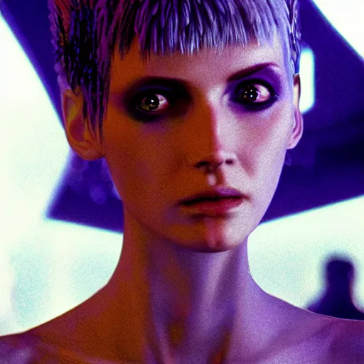 Prompt: portrait of a stunningly beautiful futuristic female pris from blade runner, depth of field, zeiss lens, detailed, symmetrical, centered, fashion photoshoot, by Annie Leibovitz and Steve McCurry, David Lazar, Jimmy Nelsson, Breathtaking, 8k resolution, extremely detailed, beautiful, establishing shot, artistic, hyperrealistic, beautiful face, octane render