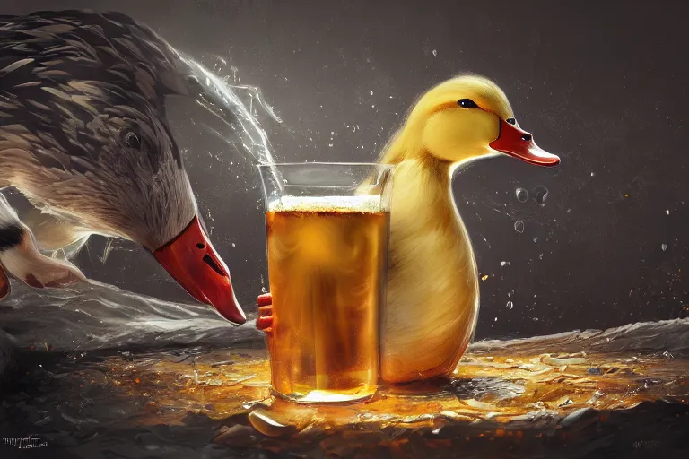 Image similar to duck drinks energy napiokmonstr energy, concept art, wlop, digital painting, trending on artstation, highly detailed, epic composition, official media, 8 k uhd