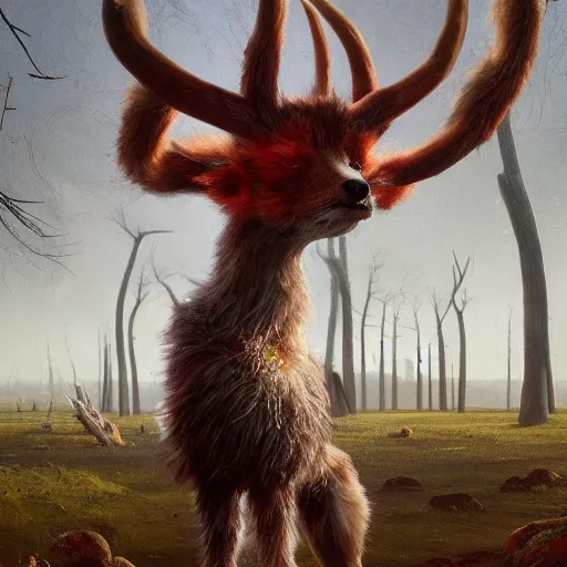 Image similar to Shamanpunk Fox Faun Portrait furry ears snout collar neck paws Antlers wearing a silken leotard ASPCA National Geographic Wikipedia Demiurge pet adoption quill splatterpaint 4k artstation unreal engine render simon stalenhag robert rauschenberg giorgio de chirico greg rutkowski