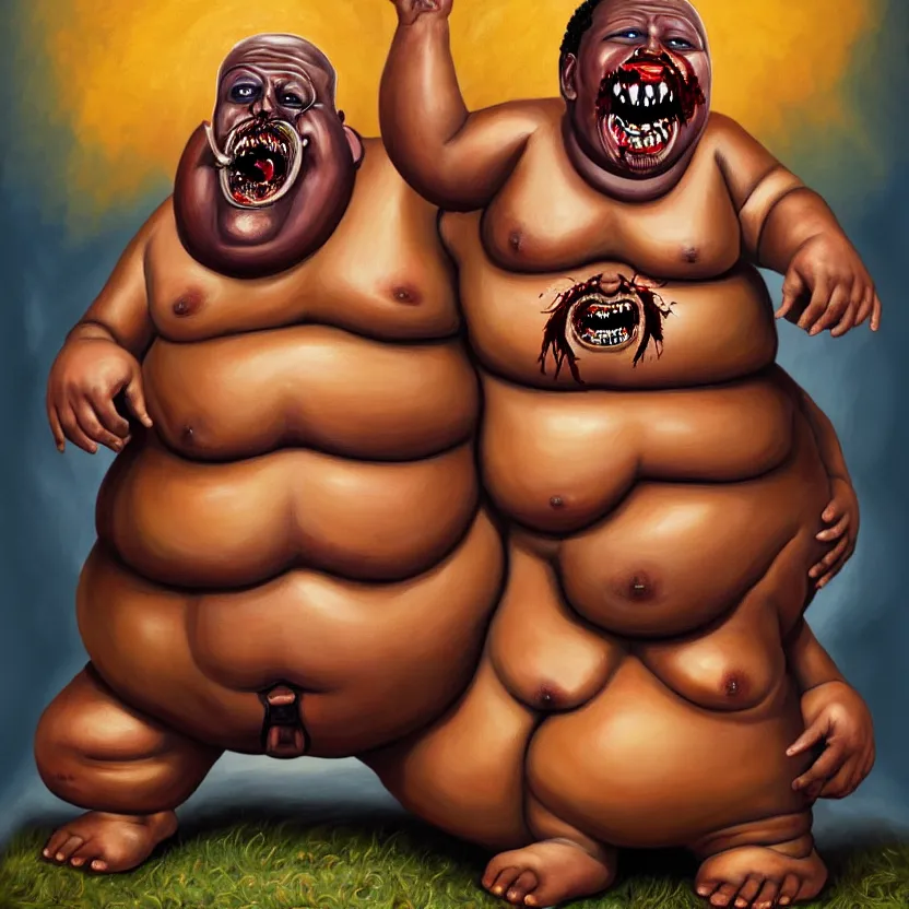 Prompt: painting of a very fat flesh - eating tsikalawe with a thick moustache sitting on a throne, eating the leg of a terrified man, his hair is a nuclear explosion, cute, hilarious, disturbing, nightmare, highly detailed, funny, hahahaha, by david cronenberg, found on artstation, hyperrealistic digital art
