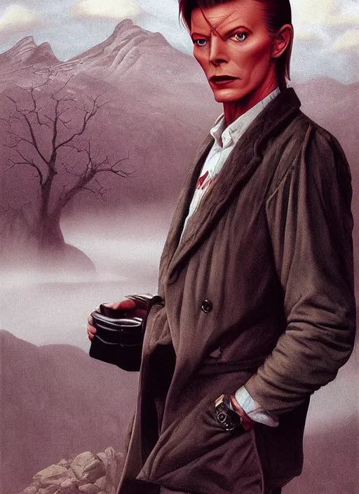 Image similar to twin peaks poster art, portrait of david bowie arriving in small town, by michael whelan, rossetti bouguereau, artgerm, retro, nostalgic, old fashioned