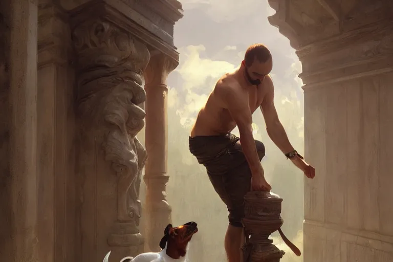 Image similar to a man tied to a pillar and jack russel terrier pissing on him, highly detailed, hyperrealistic digital painting, artstation, concept art, smooth, sharp focus, illustration, cinematic lighting, art by artgerm and greg rutkowski and alphonse mucha