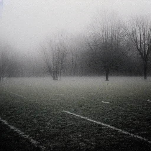 Prompt: the most horrific photo of a foggy empty field, 3 5 mm, film grain, horror