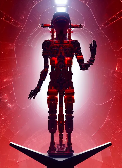 Image similar to , high detailed space station interior, a statue jesus on cross made of red marble, perfect symmetrical body, full body shot, white biomechanical, wearing epic bionic cyborg implants, masterpiece, intricate, biopunk, vogue, highly detailed, artstation, concept art, background galaxy, cyberpunk, octane render