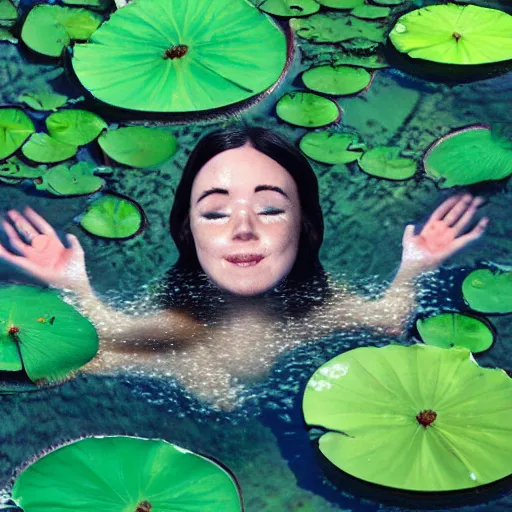 Image similar to A face submerged in shallow water surrounded by lily pads and other vegetation. The eyes are glowing and there is a hand reaching out towards you