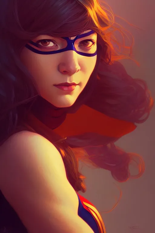 Prompt: a portrait of ms. marvel, fantasy, sharp focus, intricate, elegant, digital painting, artstation, matte, highly detailed, concept art, illustration, ambient lighting, art by ilya kuvshinov, artgerm, alphonse mucha, and greg rutkowski