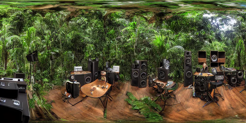 Image similar to a dream recording studio with turntables and large speakers in the jungle, by james gurney, equirectangular projection 360 panoramic