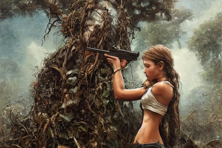 Image similar to artstation concept of a beautiful adventurous girl holding a .45 revolver, sweaty skin, symmetrical face, high body detail, ripped up field fatigues, torn off shirt, jungle background with ruins, vines, hyperdetailed, artstation trending, world renowned artists, worth1000.com, cgsociety, by greg rutkowski, by Gustave Doré, by Marco Turini, by Artgerm, Deviantart in the style of Tom Bagshaw, Cedric Peyravernay, Peter Mohrbacher