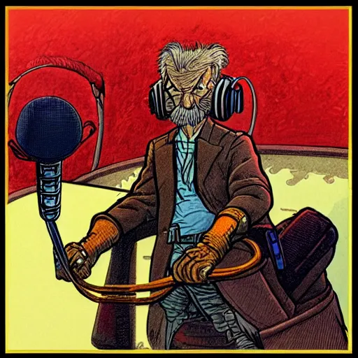 Prompt: drawn in the style of jean giraud!! rackham the red wearing headphones and speaking into big microphone, podcast studio