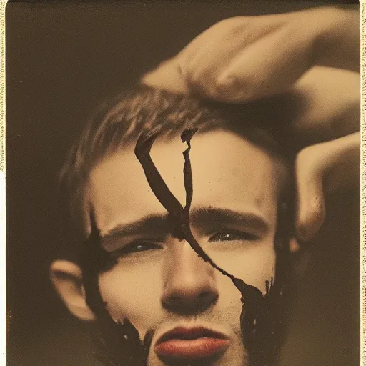 Image similar to a man with his head twisted in on itself, polaroid, professional photography, very detailed, hyperrealistic,