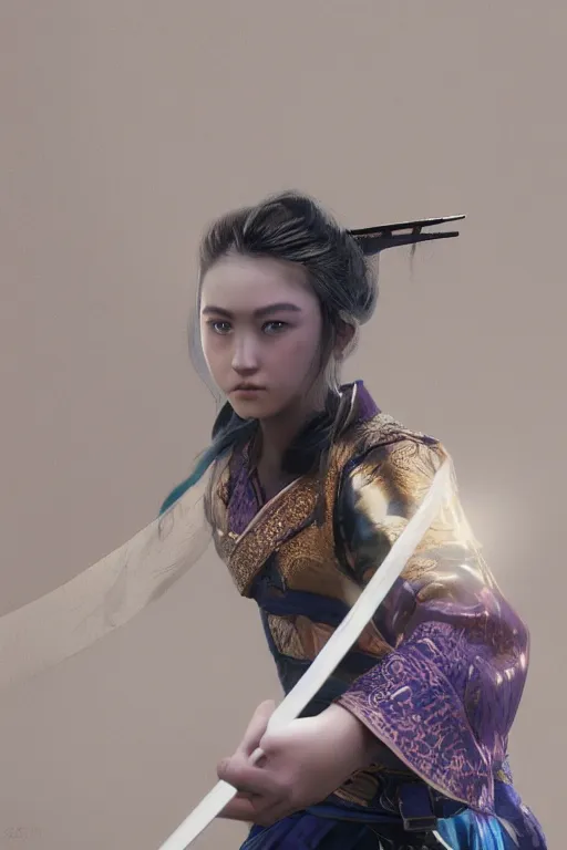 Image similar to highly detailed beautiful photo of a young female samurai, practising sword stances in a temple, symmetrical face, beautiful eyes, realistic anime art style, 8 k, award winning photo, pastels, action photography, 1 / 1 2 5 shutter speed, dramatic lighting