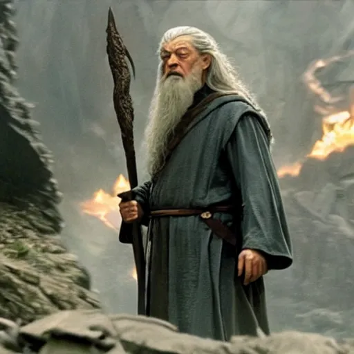 Image similar to film still of leonardo di caprio as gandalf standing against balrog in lord of the rings 2 0 0 1