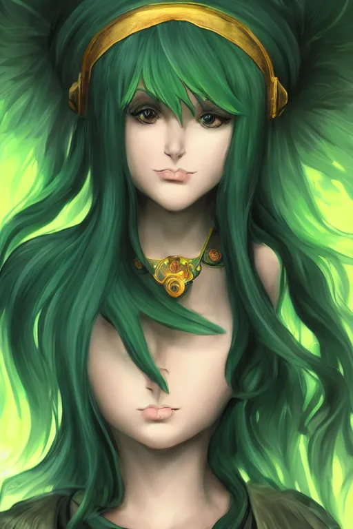 Image similar to cenimatic portrait, head and torso only, palutena, black dress, green hair, trending on artstation, concept art, fine detail, sharp detail, masterpiece, 4 k, hd