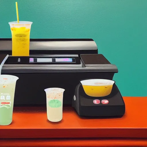 Prompt: still life of a boba tea next to a cash register on the counter, Noah Verrier, 2022, oil painting, muted lighting, award-winning, trending on twitter