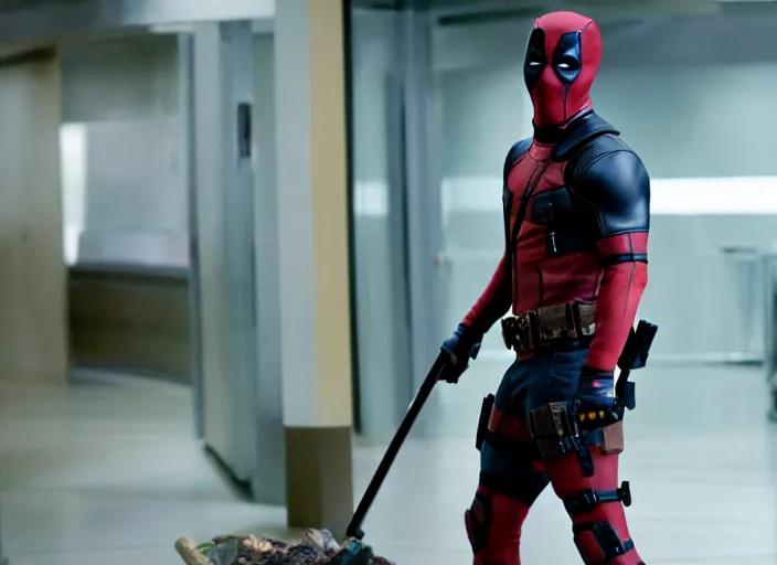 Image similar to film still of Deadpool works as a janitor in the new Deadpool movie, 4k