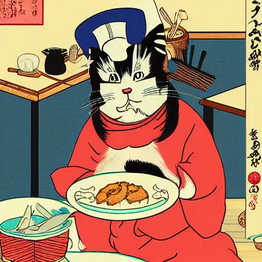 Image similar to a highly detailed illustration of an angry cat with a chef hat baking cookies, done in the style of ukiyo - e, 4 k