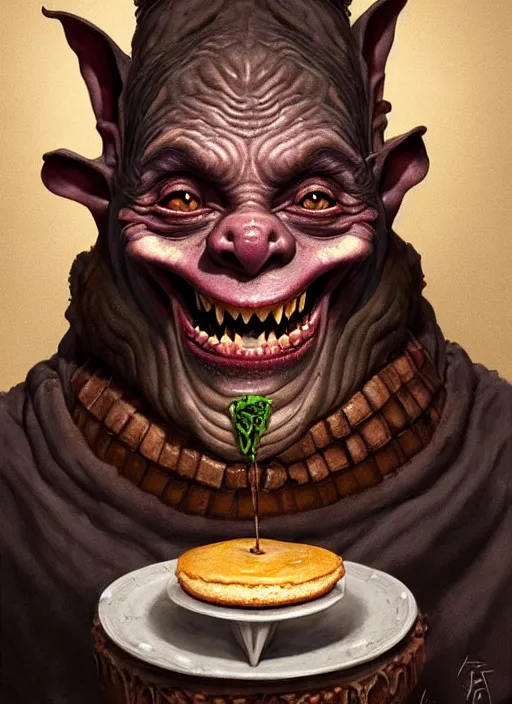 Image similar to portrait of a medieval goblin eating cakes, beautiful face, hyper realistic, highly detailed, digital painting, artstation, illustration, concept art by hyung tae and frank frazetta, digital paint, matte paint, washed colors, dark, gloomy