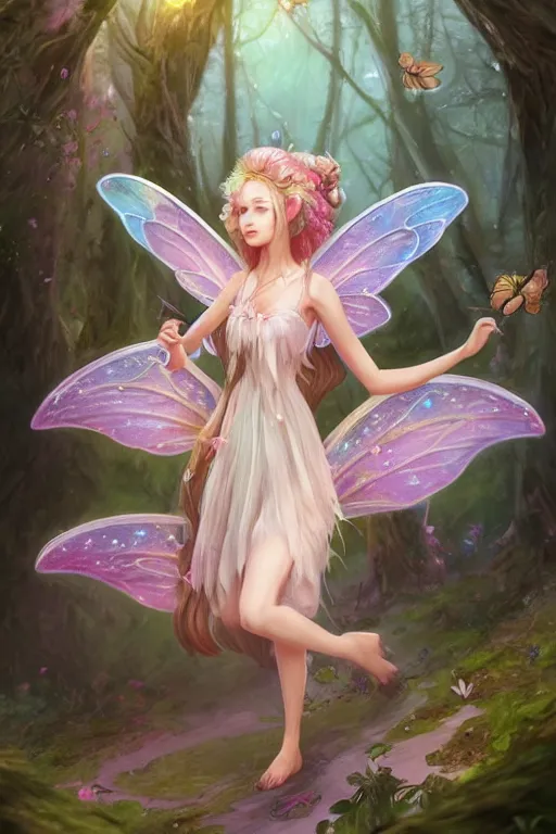 Image similar to a cute and geogerous fairy in the dreamy forest, fantasy, dreamlike, 8 k resolution, hyper detailed, d & d, character design, digital painting, trending on artstation, sharp focus, illustration, art by viktoria gavrilenko, hoang lap, fuji choko, steve zheng,