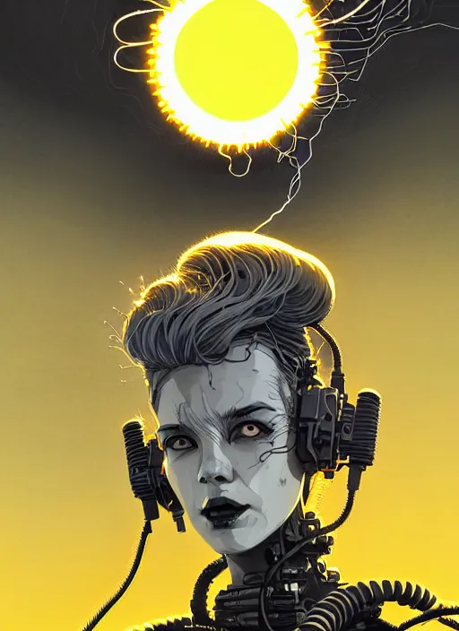 Image similar to highly detailed portrait of wasteland punk long curly bright yellow and white plasma electricity hair tribal lady, stray electric spark wiring by atey ghailan, james gilleard, by joe fenton, by greg rutkowski, by greg tocchini, by kaethe butcher, 4 k resolution, gradient yellow, black and white color scheme!!! ( ( lightning cloudy robotic dystopian city background ) )