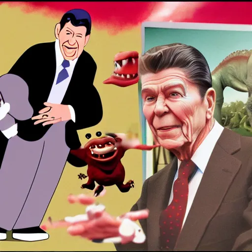 Image similar to claymation ronald reagan vs dinosaur