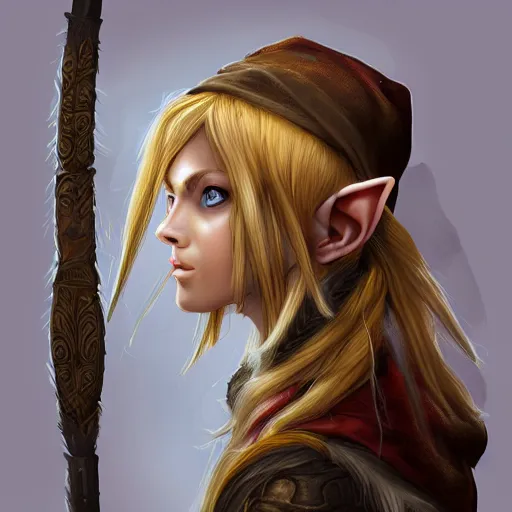 Image similar to portrait, 30 years old women :: fantasy elf :: amber eyes, long straight darkblond hair :: attractive :: green and brown medieval cloting, natural materials, backpack :: high detail, digital art, RPG, concept art, illustration