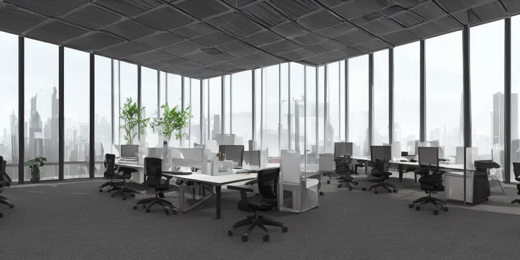 Image similar to an solarpunk futuristic office with levitating chairs, windows of a futuristic city in the background hyper - realistic digital art