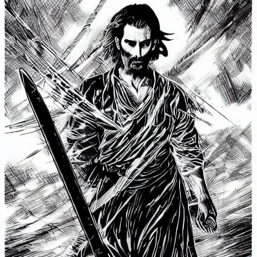 Prompt: pen and ink!!!! attractive 22 year old deus ex Frank Zappa x Ryan Gosling golden!!!! Vagabond!!!! floating magic swordsman!!!! glides through a beautiful battlefield magic the gathering dramatic esoteric!!!!!! pen and ink!!!!! illustrated in high detail!!!!!!!! by Hiroya Oku!!!!!!!!! Written by Wes Anderson graphic novel!!!!!!! published on Cartoon Network MTG!!! 2049 award winning!!!! full body portrait!!!!! action exposition manga panel