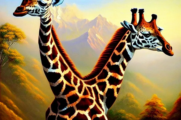 Image similar to ( ( a beautiful 8 k photorealistic masterpiece oil painting ) ( of ( a giraffe riding a tiger ) ( in the nepalese himalayas ) ) ( hyperrealism ) ( 1 6 k ) ( trending on artstation )