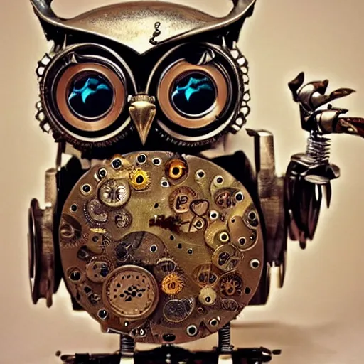 Image similar to owl steampunk robot thats high detailed and cute,