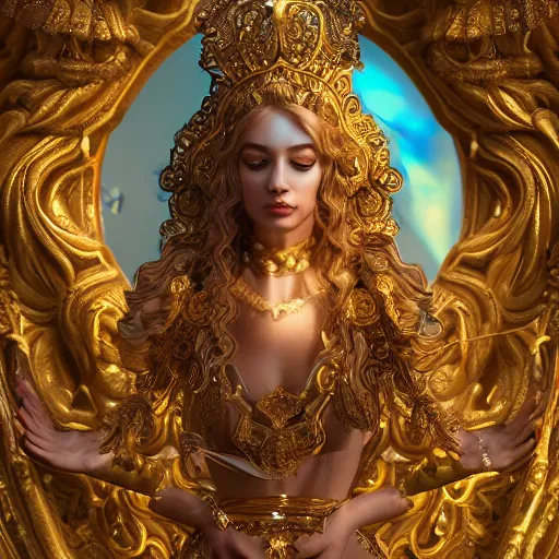 Image similar to wonderful princess made of golden marble, beautiful face, hyper detailed, flowing psychadelic background intricate and detailed, ornate 8 k gorgeous intricate detailed, octane render