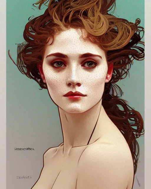 Image similar to Portrait of a Beautiful ravishing Envious modern woman, trending on ArtStation, Alphonse Mucha, Detailed, Realism Symmetrical Face, Photorealistic Color Scheme. Freckles, Blemishes