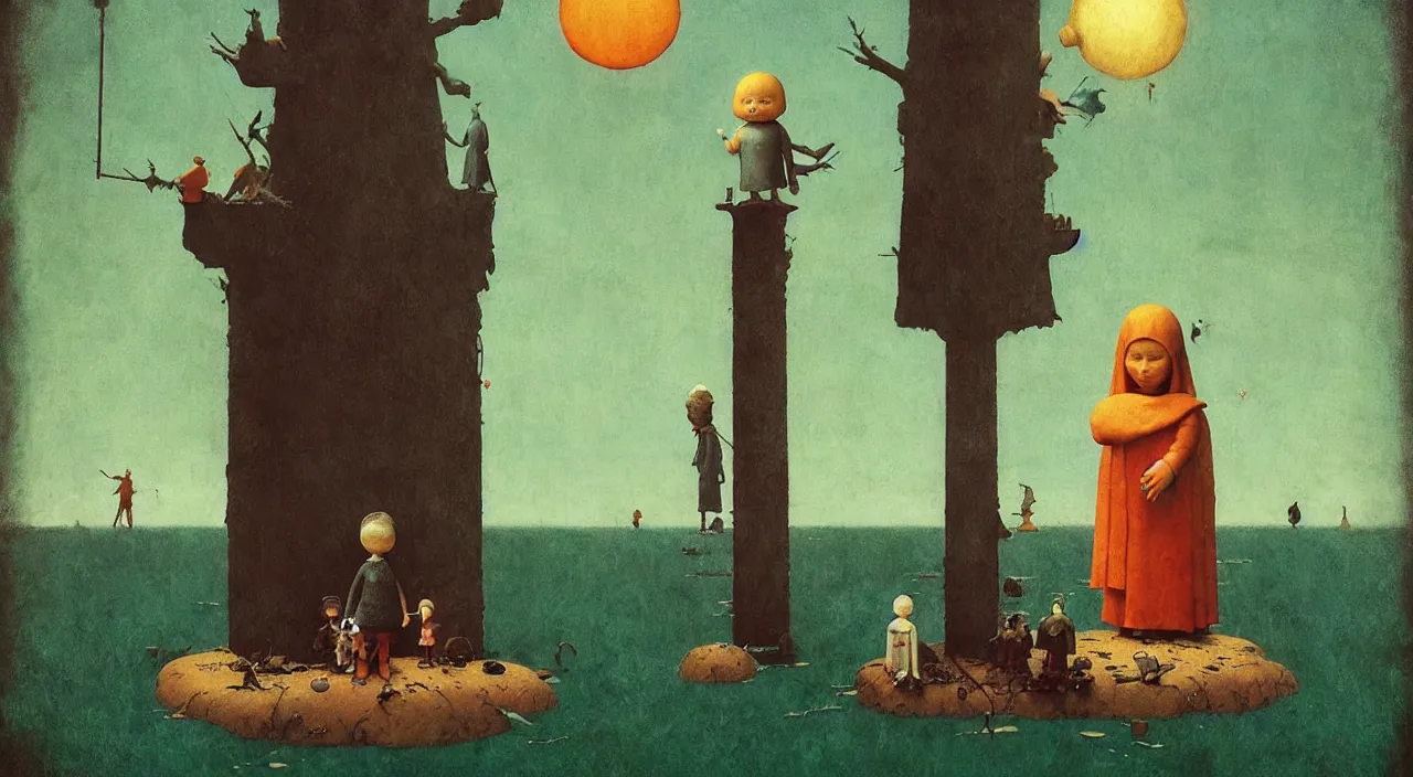 Image similar to single flooded simple!! doll totem!! pole, very coherent and colorful high contrast masterpiece by norman rockwell franz sedlacek hieronymus bosch dean ellis simon stalenhag rene magritte gediminas pranckevicius, dark shadows, sunny day, hard lighting