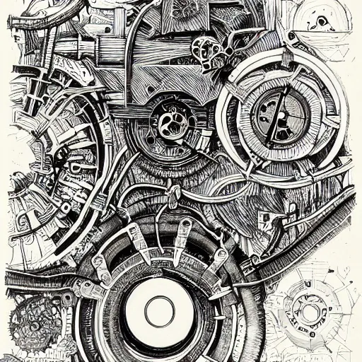 Image similar to miskatonic mechanical engine, black ink on paper, trending on artstation, beautiful, intricate, detailed