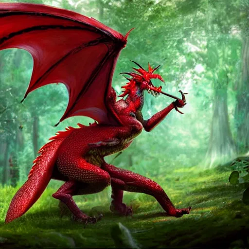 Image similar to red fire dragon in verdant forest, dnd character, background focus, high fantasy, magic, regal, realistic textured skin, gemstone textured scales, wings extended, spitting fire, huge eyes, clear clean, by lya kushinov, Avetetsuya Studios, Alexandra Fomina artstation, by Makoto Shinkai, Shinerai, matte painting
