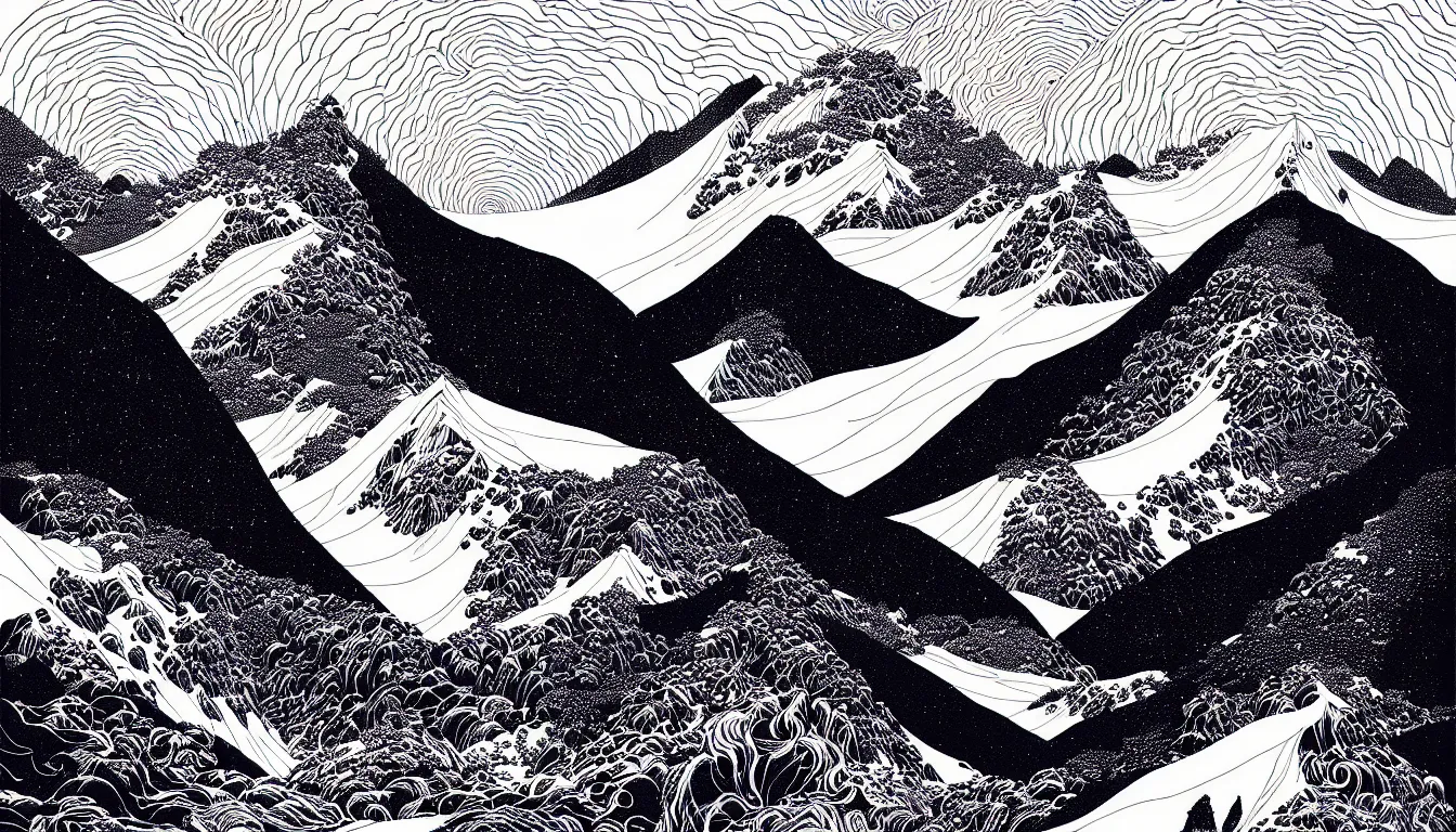 Prompt: himalayas by woodblock print, nicolas delort, moebius, victo ngai, josan gonzalez, kilian eng