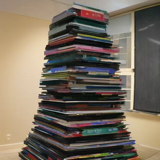 Image similar to tower of babel but it is made from 12 inch vinyl LPs