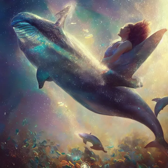 Image similar to glimmering whale, dolphins, golden hour, god rays, coral reef, dreamscape by artgerm and ruan jia and ismail inceoglu and greg olsen, cosmos, milky way galaxy, masterpiece, beautiful, intricate, elegant, highly detailed