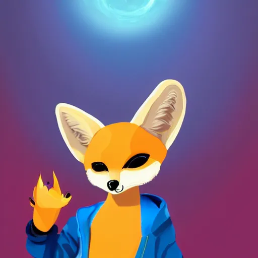 Image similar to Anthropomorphic fennec fox fursona character wearing a blue sweatshirt and holding fireballs, portrait, furry fandom, furaffinity, digital painting